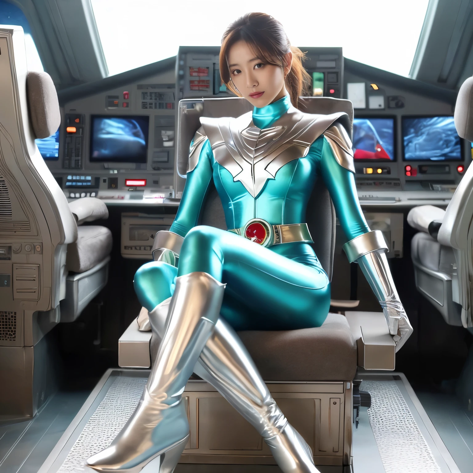 (Gundam suit)、Beautiful 40 year old woman wearing a Gundam suit、(sit in command&#39;seat of)、(with spreading legs)、Bare legs、glamorous and tall、long boots、Brown wavy hair、cyberpunked、(Dark makeup)、(spacecraft technology room)、(Front view)