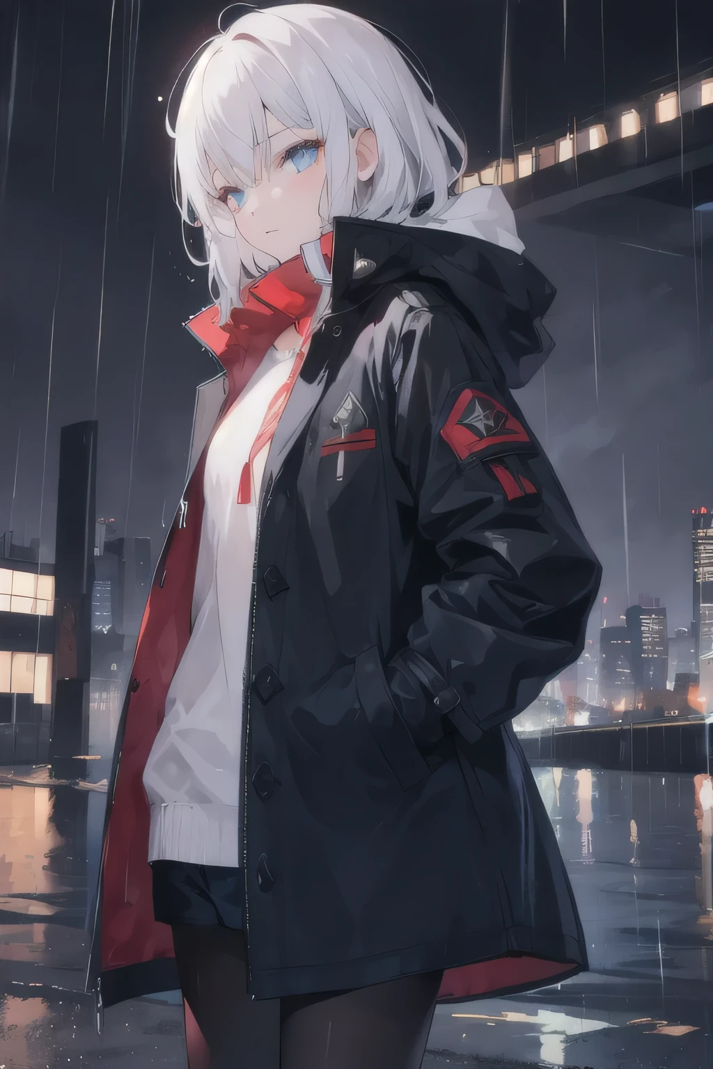 1girl,night city,rain,coat,hands in pockets