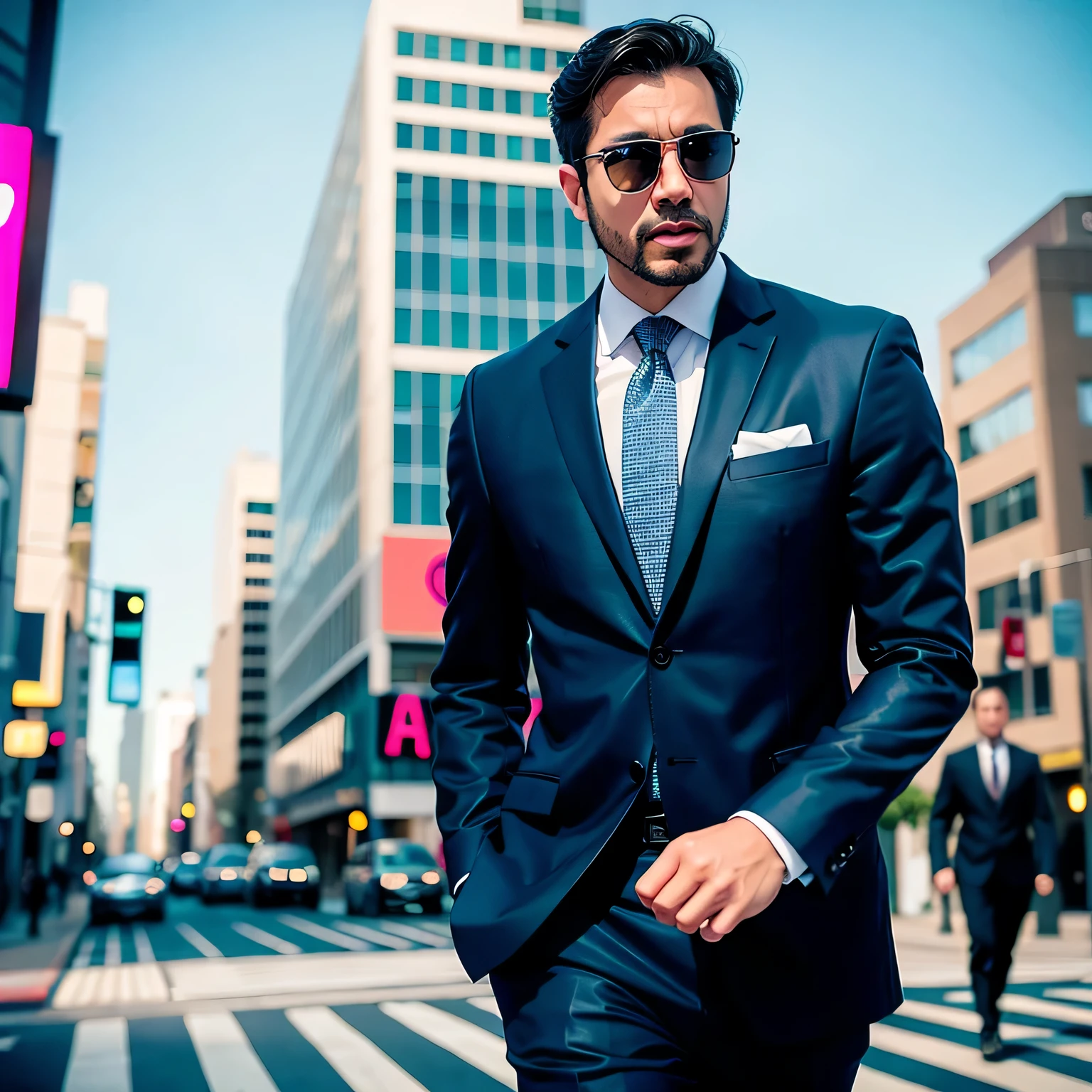 A man wearing suit walking, looking at the camera, on a busy street, cinematic, smoke effects, realistic