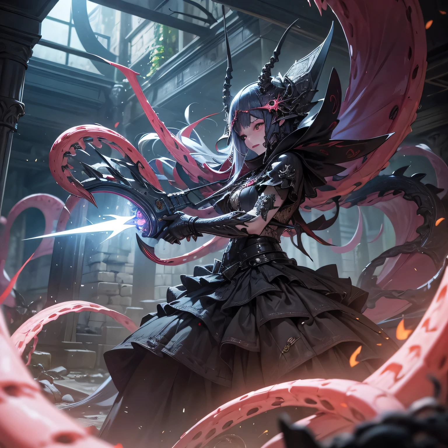 Automaton Man, mecanismos sombrios, uma Arma Mangual Aberrante repousa, A nightmare creation ready for action. This mangrove weapon is a grotesque monstrosity, with twisted tentacles that form the extension of the weapon. Each tentacle ends in an eyelid with sharp, tusked teeth, projecting like lethal blades. The body of the weapon is adorned with manic eyes that are filled with stitched human arms and tentacles that writhe like serpents. Apesar de estar acorrentada, the Aberrant Mangual Weapon displays an expression of madness and extreme insanity, as if it were a living extension of the chaos that inhabits the dungeon. Seus olhos brilham com uma intensidade perturbadora. The surrounding environment is threatening, with damp stone walls and a silence that seems oppressive. The Mangual Aberrant Weapon is a cursed relic, A weapon that defies all notions of sanity and can unleash destruction at any time.