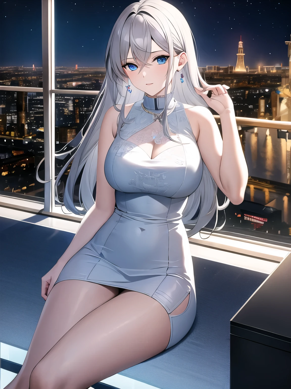 (masterpiece), highest quality, blue eyes, light gray hair, expressive eyes, Horhaya, sitting in a room in a high rise apartment, night sky, cityscape, looking at the viewer, city lights, window, highlight, dramatic lights, calm face,