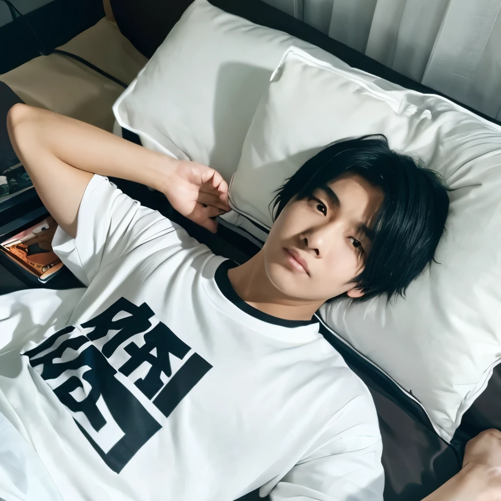 An Asian boy with messy black hair , black eyes , wearing a large white t-shirt and a black baggy jogging pants , while laying in bed and looking at the camera