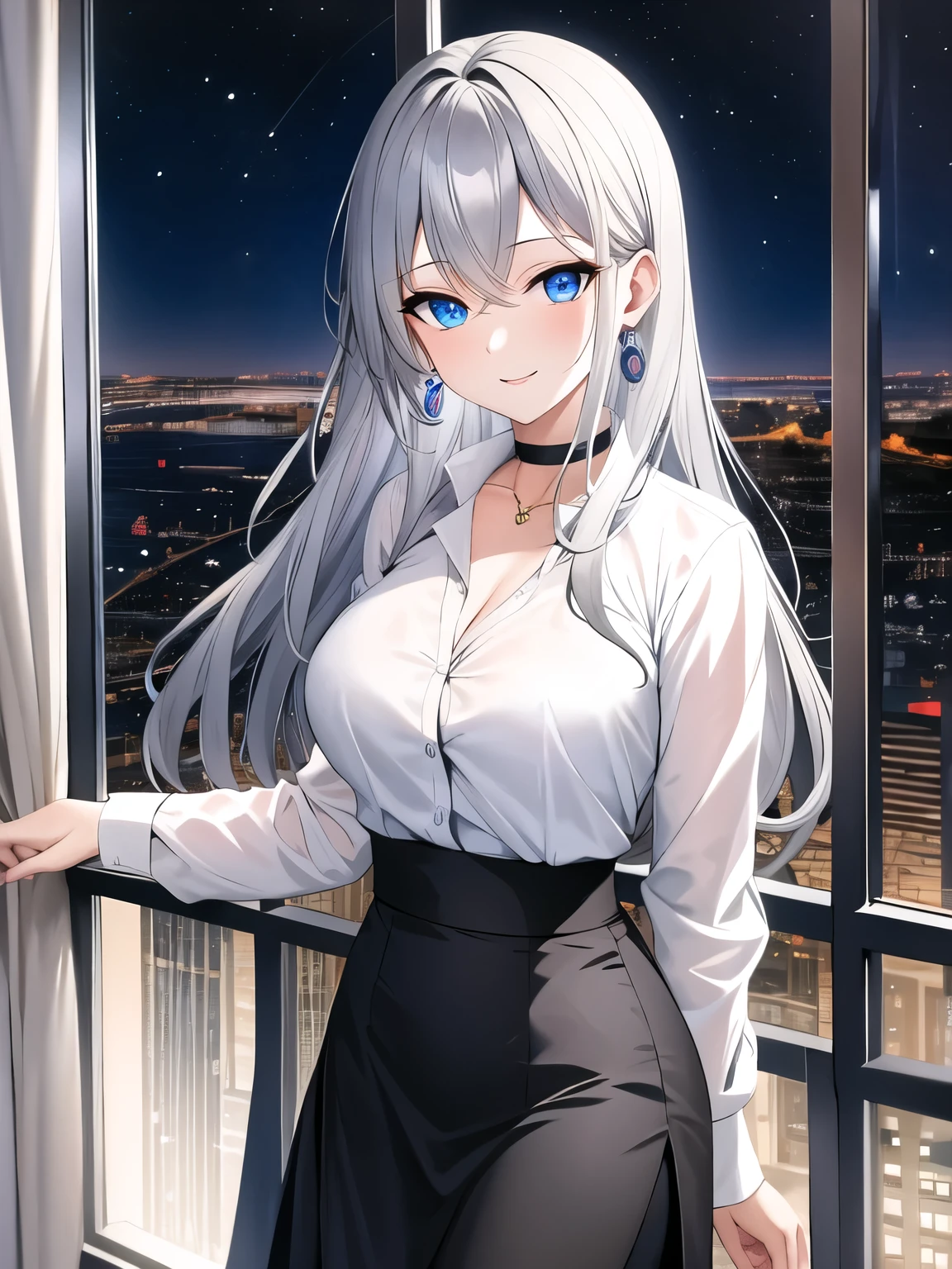 (masterpiece), highest quality, blue eyes, light gray hair, expressive eyes, Horhaya, high rise apartment room、Watching the night view, night sky, cityscape, looking at the viewer, city lights, window, highlight, dramatic lights, black cardigan、long skirt、indirect lighting、black choker、earrings、white shirt、smiling expression