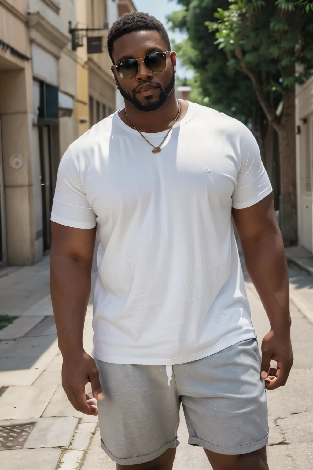 american man,350 pounds,200cm,Pure white loose T-shirt,protrait photo,Black person,black hair,short hair,Wear sunglasses,shorts, white sneakers, Blurred street photography background,Hands in trouser pockets,alone,With a cap,Trendy,With jewelry