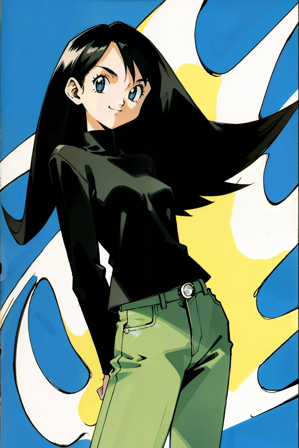 by Ken Sugimori, sugimori 1990s, ((only 1woman)), smiling long black hair, black shirt, suit jacket, jeans ((hands behind their back)), full black pupils, manga, best quality, highly detailed, clean lines, cowboy shot, good hands, good eyes, hd, 8k, professional, symmetrical, hires, 8k,