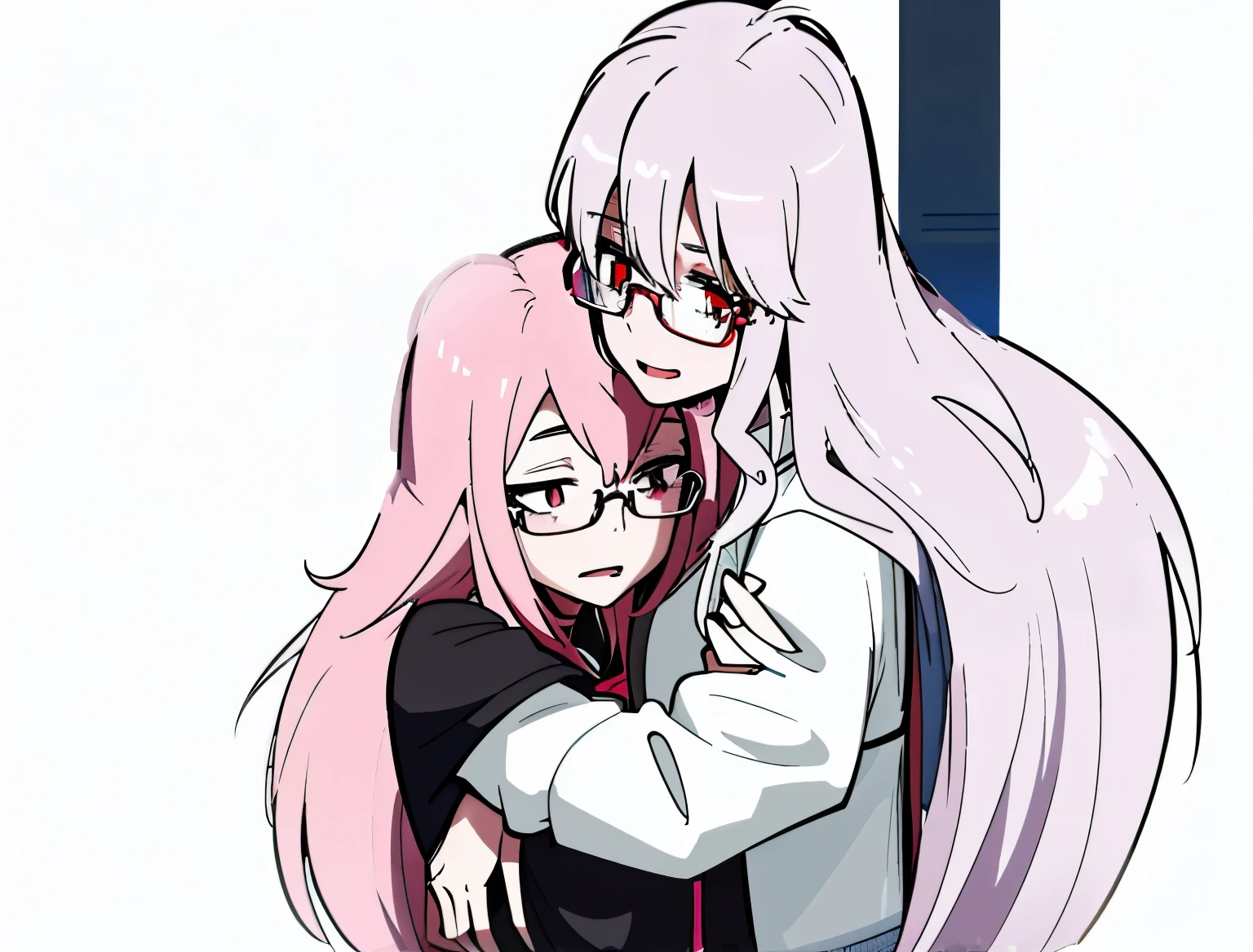 anime girl hug another girl with pink hair and glasses, Sasoura, Mirai Nikki, anime moe art style, Inspired by Ib Eisner, [[[[evil smile]]]], Shirabii, Arms around her neck., in anime style, hug, hug each other, in anime style, Two beautiful anime girls, Neferpitou