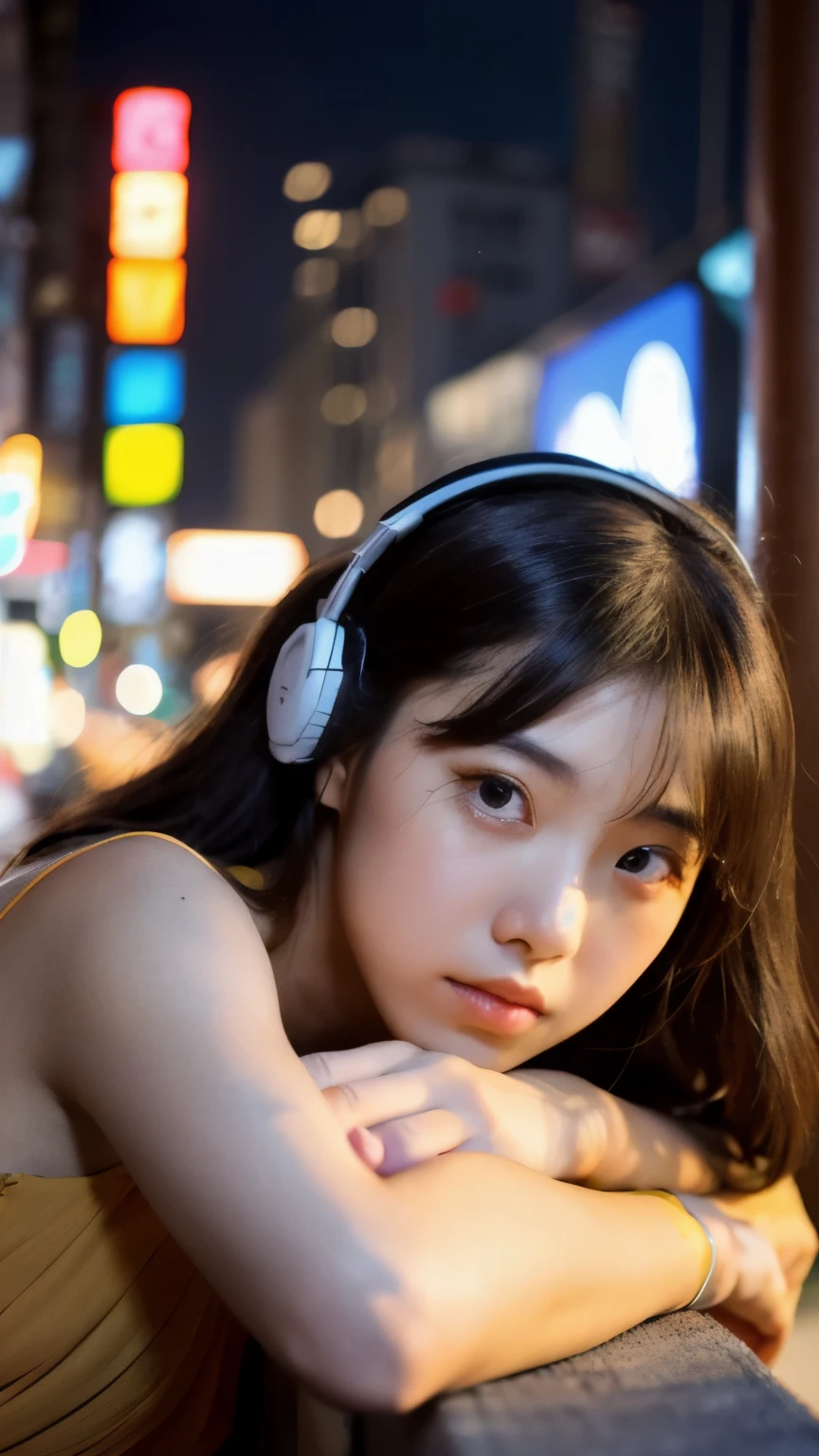 A beautiful Korean K-pop idol woman poses on a dimly lit balcony in the lively district of Kabukicho, Tokyo. The setting sun casts a warm, orange glow over the bustling cityscape in the background. The idol wears headphones, engrossed in her music, oblivious to the world around her. The image is bathed in a film grain, lo-fi filter, adding an authentic, vintage feel to the scene. Her features are delicately drawn, with expressive eyes that seem to tell a story of their own. The high-resolution, detailed artwork captures every intricate detail of her captivating visage, making it a true masterpiece anime

