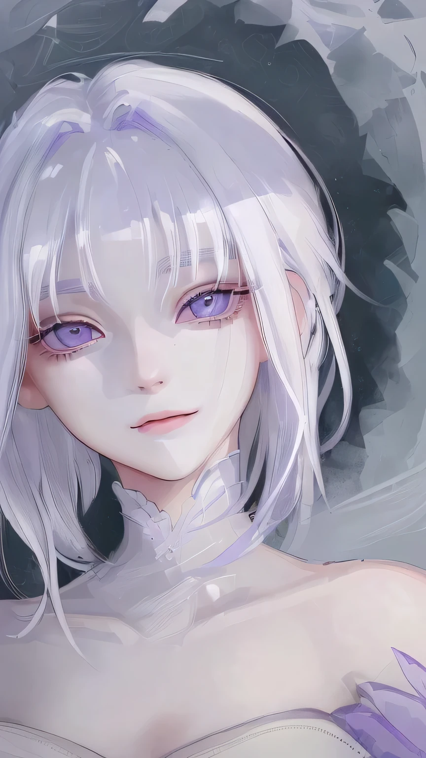 Top quality, very high resolution, beauty 1 female, medium length hair, white hair, lavender colored eyes, pretty face, fair skin, soft gaze, slight smile, looking at the viewer, plain white dress, enjoying the atmosphere.