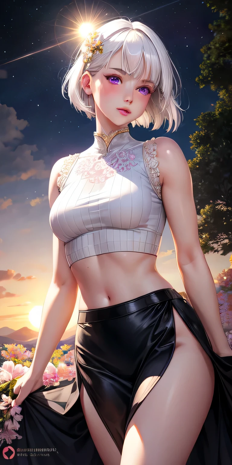 realistic, 1girl, white hair, purple eyes, glowing eyes, crop top, skirt, parted lips, blush, night, flowers, sun, sunlight,