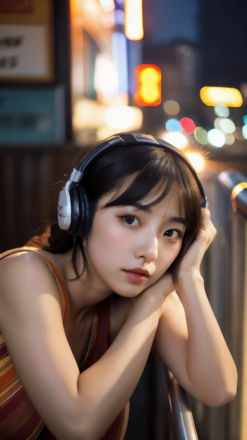 A beautiful Korean K-pop idol woman poses on a dimly lit balcony in the lively district of Kabukicho, Tokyo. The setting sun casts a warm, orange glow over the bustling cityscape in the background. The idol wears headphones, engrossed in her music, oblivious to the world around her. The image is bathed in a film grain, lo-fi filter, adding an authentic, vintage feel to the scene. Her features are delicately drawn, with expressive eyes that seem to tell a story of their own. The high-resolution, detailed artwork captures every intricate detail of her captivating visage, making it a true masterpiece anime


