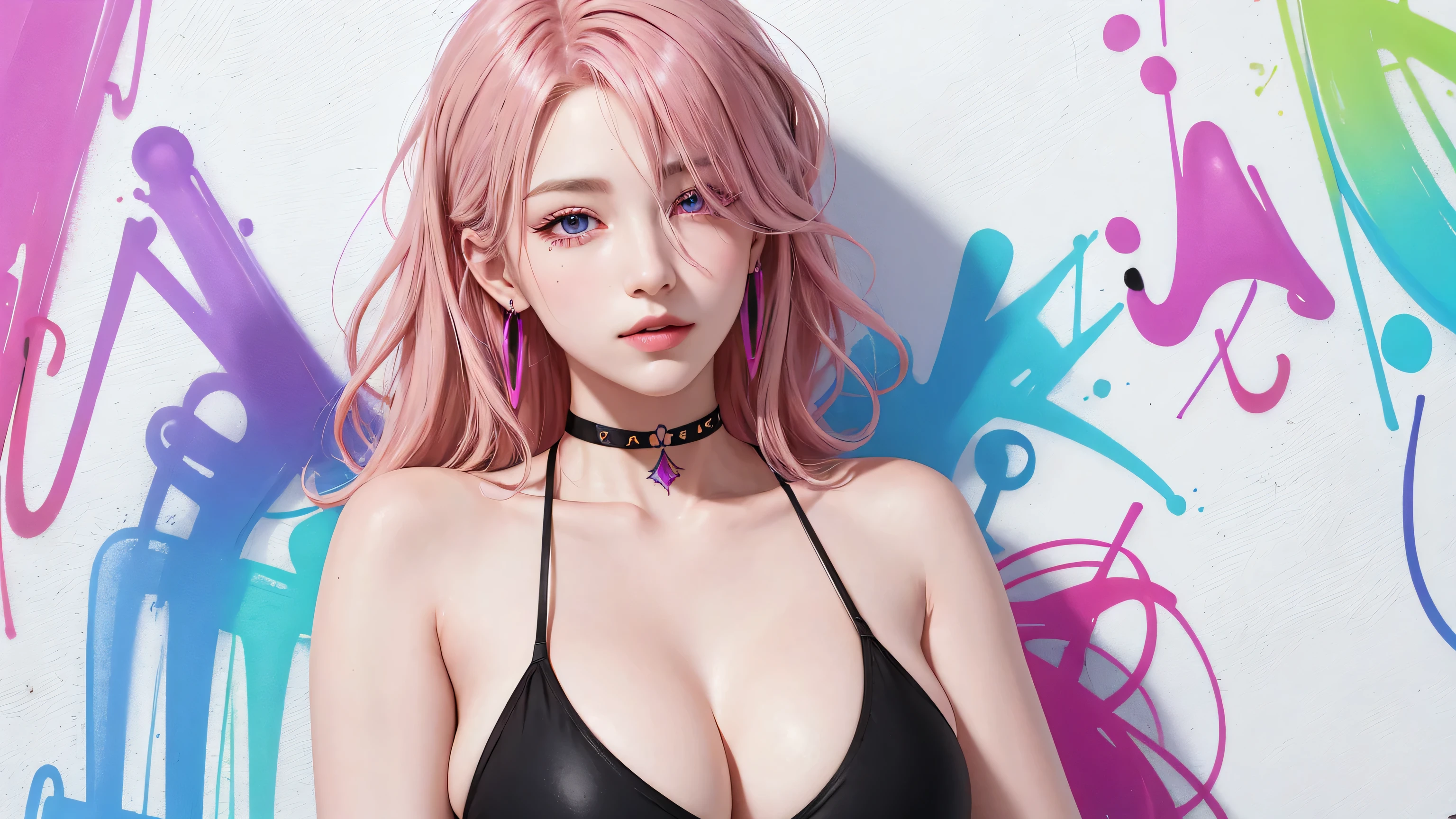 (Masterpiece, best quality, 1 girl, alone, complicated details, Chromatic aberration), realistic, ((Moderate breath)),long hair, pink hair, Red headpiece, Pink Highlights, hair on one eye,purple eyes, earring, sharp eyes, choker, Neon coat, Wear a swimsuit, crop top, (symmetrical eyes),(Perfect symmetrical body),against the wall, Brick wall, (colorful graffiti words on the wall:1.2), The light is dim., alley ,Look at the viewer.,
