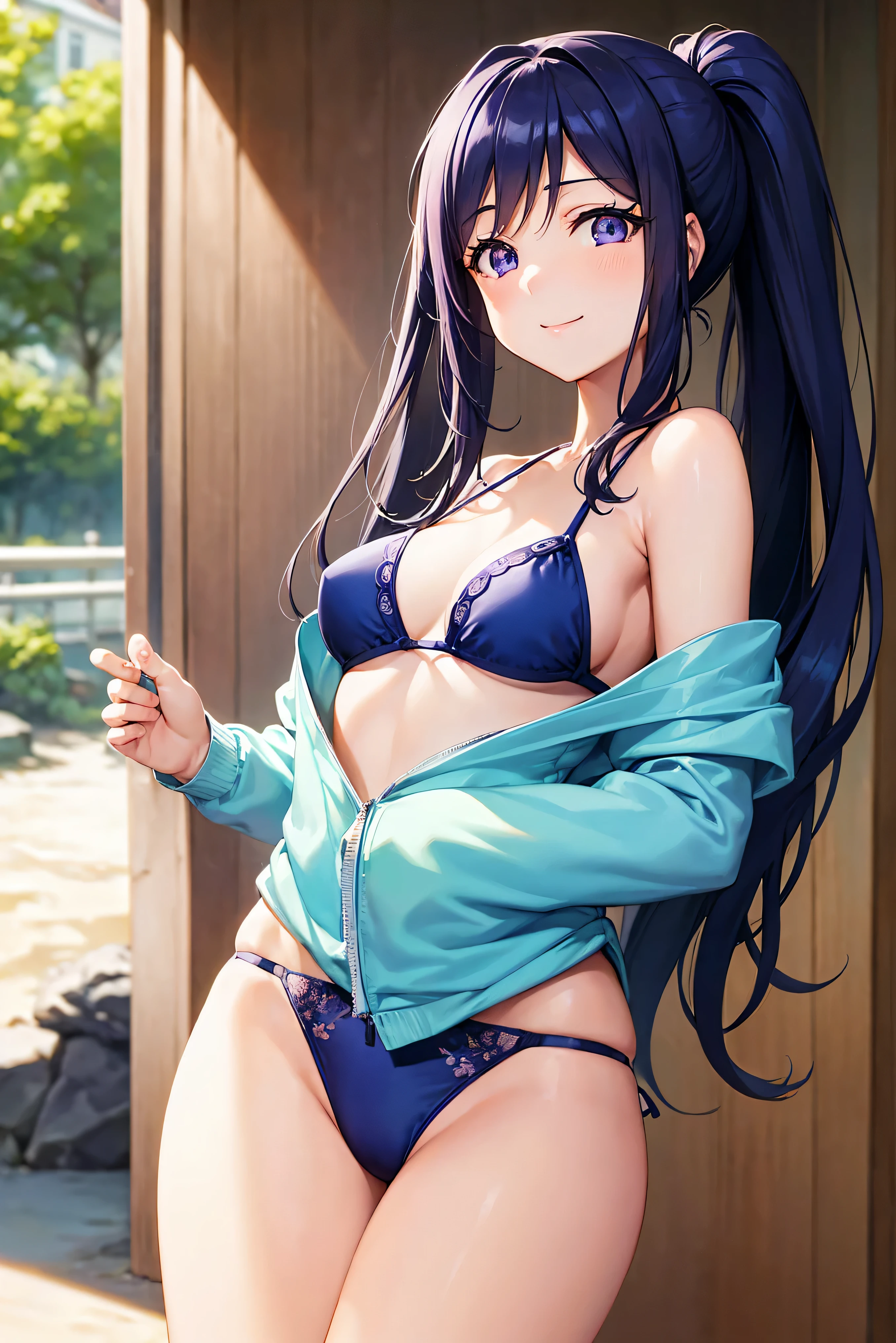 Minamimatsuura, Kanan Matsuura, Blue hair, Long hair, Ponytail, (Purple eyes:1.1), side locks, looking at the viewers, BREAK (masutepiece:1.2), Best Quality, High resolution, Unity 8k壁纸, (Illustration:0.8), (Beautiful detailed eyes:1.6), extra detailed face, Perfect Lighting, extremely details CG, (Perfect hands, Perfect Anatomy),(Blue Bikini:1.3)、(the beach:1.3), cowboy  shot、A smile、solo