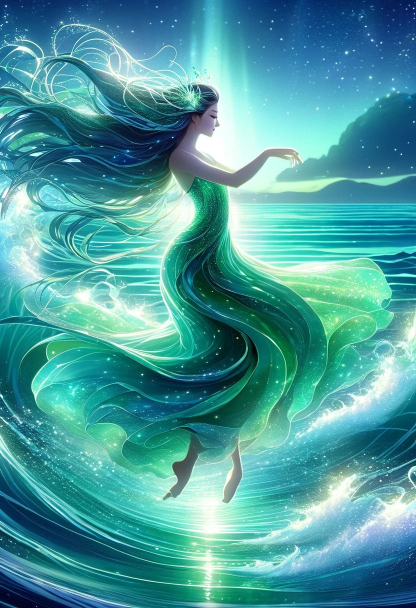 Dance of the Ocean, Goddess of Water(individual) elegant long hair(Basket green gradient) Dancing in the sea breeze and rolling waves、Splashing waves undulating ocean dance surrealism，The dance of the ocean in a dreamlike night with twinkling stars、Moonlight reflected on the sea. Bright ocean light show. Beautiful artistic illustration. Beautiful and soothing feeling.，Highly detailed fantasy magic concept art that allows people to feel the magic and power of nature in dance, dramatic lighting, Highly detailed HD cinematic close-up of water magic fantasy gorgeous digital art