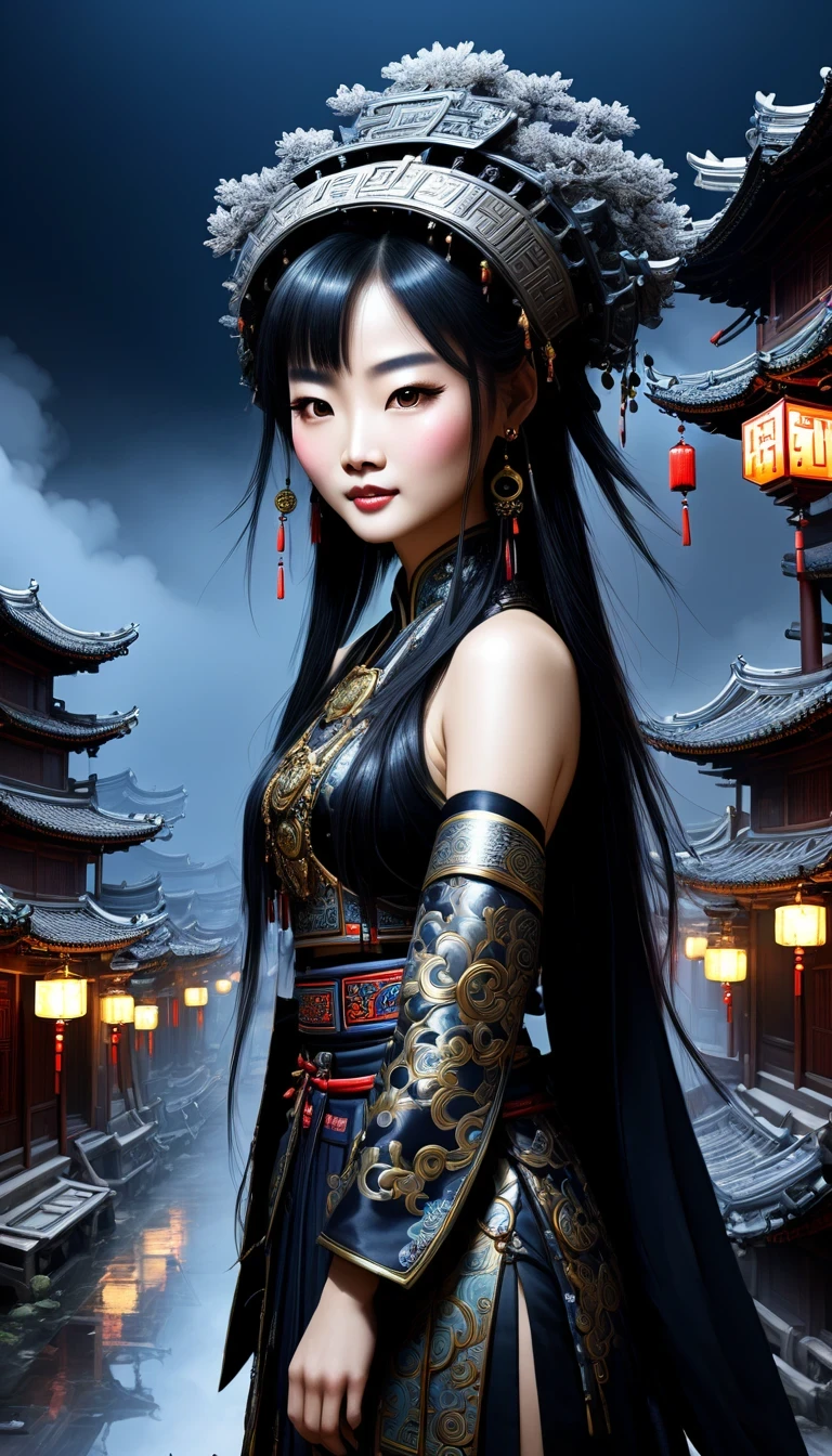 梦幻艺术absurd高清masterpiece最佳品质, 中国城市wind景, Chinese ancient town under the castle, Highly detailed town , (mysterious black fog), (Dilapidated), absurd, Realistic lighting, (abyss) masterpiece, high quality, nice graphics, high detail, seedlingbishenghua , cloud, wind, stone fragments, night, moonlight, 美丽meticulous的废墟, [(black background:1.5)::5], Depicted as game concept art,  哑光concept art, 厄运永恒concept art, environmental painting,  concept art ， highly rendered, wind景游戏concept art，(illustration:1.3)seedling girl in seedling costume (by Artist Anna Dietman (Anna Dietman):1), (((masterpiece))), (((best quality))), ((super detailed)),(meticulous),((extremely delicate and beautiful)), seedling,clothing、hat、ear nipple ring