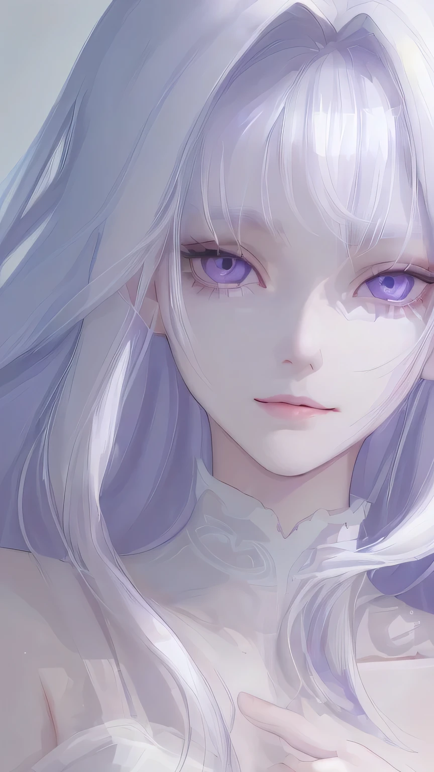 Top quality, very high resolution, beauty 1 female, medium length hair, white hair, lavender colored eyes, pretty face, fair skin, soft gaze, slight smile, looking at the viewer, plain white dress, enjoying the atmosphere.