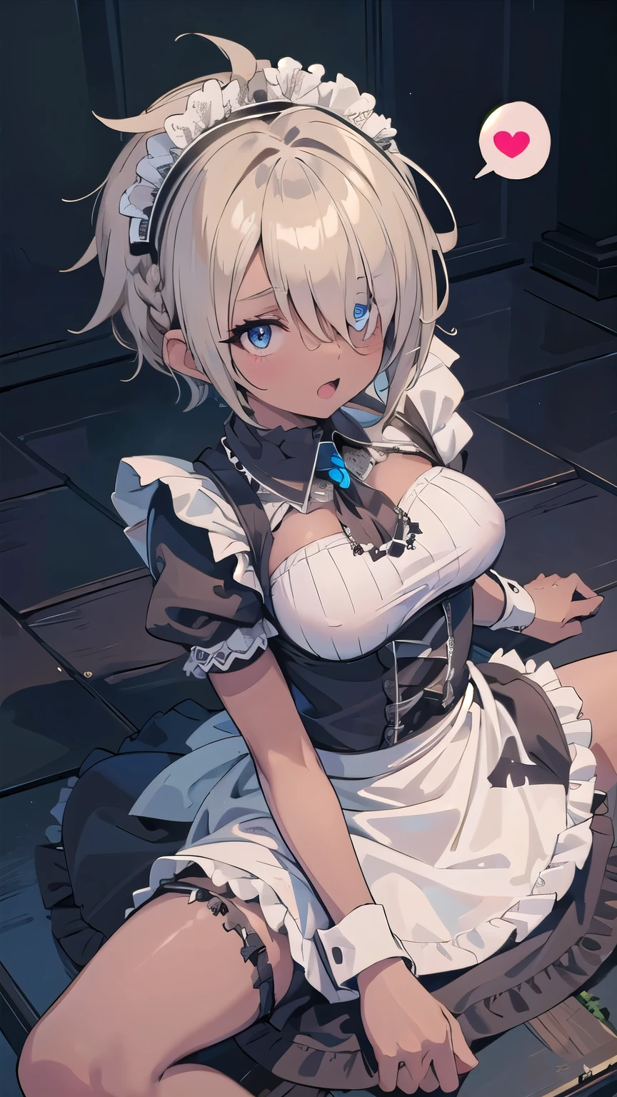 (masterpiece:1.2), (highest quality:1.2), perfect eyes, perfect face, perfect lighting, middle ages, prison, 1 boy,blonde　aqua eye, ((((((hair over one eye)))))), Braid Styles, spiked hair, blunt bangs, bob hair, a braid, Ahoge, ((((gothic maid)))), cute eyes, medium breast, glaring, open mouth, ((from above)), ((front)), arms behind back, wariza, ((spread legs)), orgasm, scared, , ahegao, smile+happy, fang, spoken heart, (((brown skin))),(((blowjob face)))