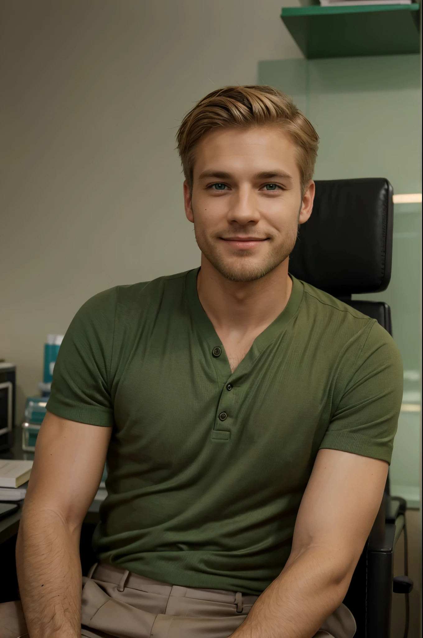 Generate me a man who is a psychiatrist and short very blond hair with green eyes sitting in his office he is extremely handsome he has a little beard, il a un sourire a l'américaine et il est suédois