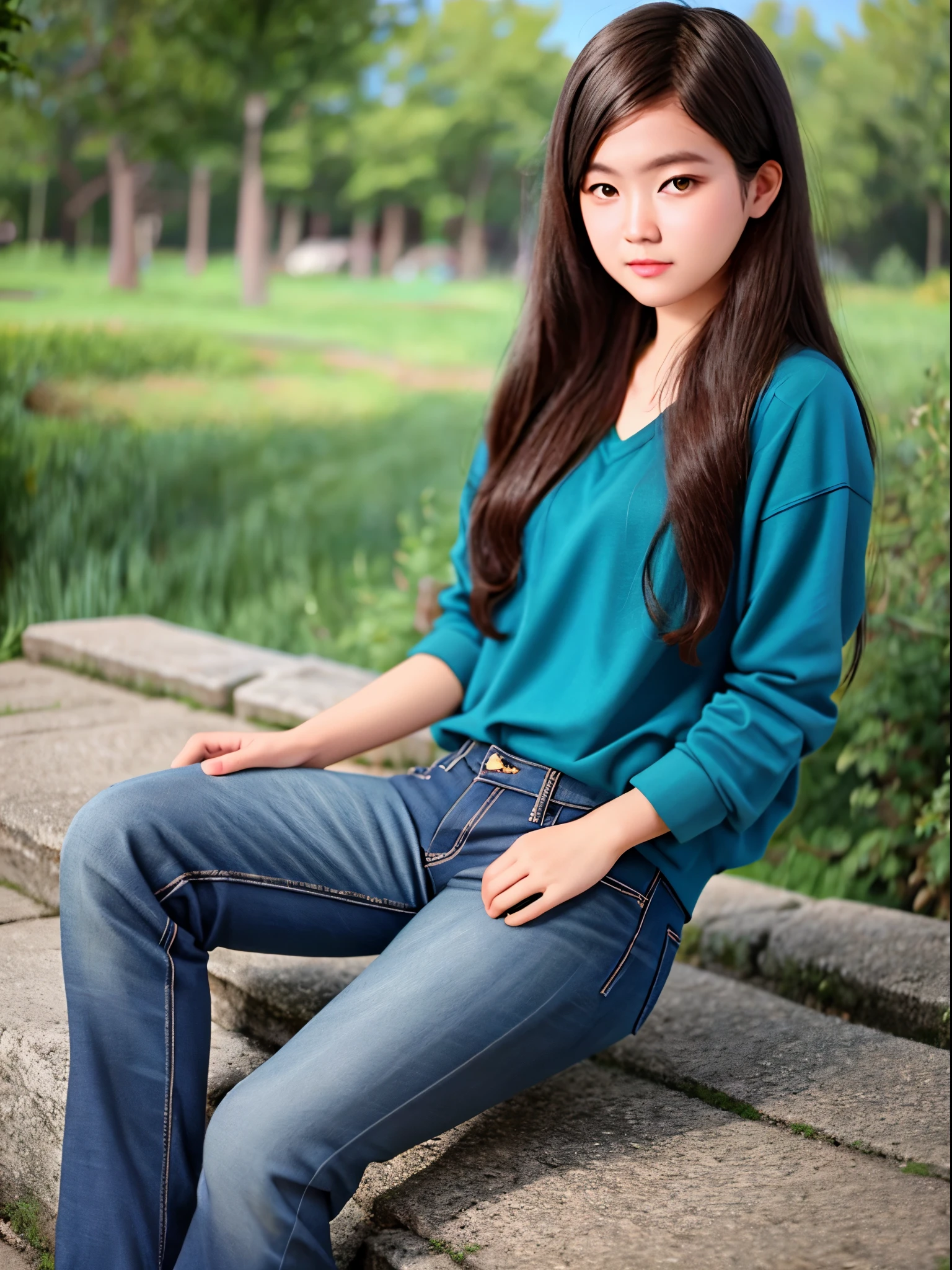 (Masterpiece, Best Quality, High Quality, 8K, UHD), a beautiful girl, 17 years old, (wearing a red tankt_top, shorts jeans, long hair, posing as a model), sitting, in a green park. beautiful face, white skin, smooth skin, ideal body, detailed face and eyes,