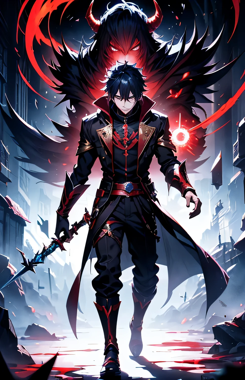 anime boy with a red light in his hand, young shadow wizard man, epic anime style, detailed anime key art, shadowverse style, fantasy style anime, Demon boy, anime key art, demon hero