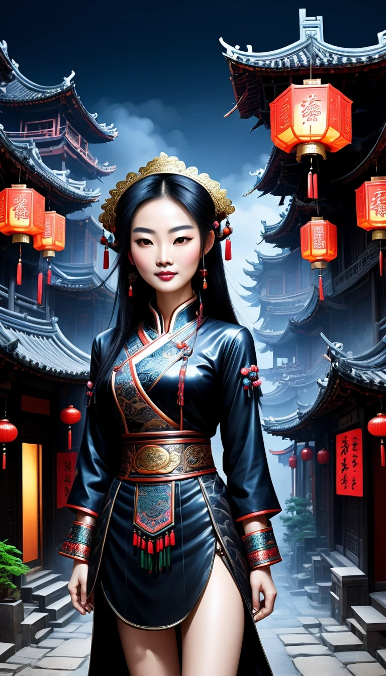 梦幻艺术absurd高清masterpiece最佳品质, 中国城市wind景, Chinese ancient town under the castle, Highly detailed town , (mysterious black fog), (Dilapidated), absurd, Realistic lighting, (abyss) masterpiece, high quality, nice graphics, high detail, seedlingbishenghua , cloud, wind, stone fragments, night, moonlight, 美丽meticulous的废墟, [(black background:1.5)::5], Depicted as game concept art,  哑光concept art, 厄运永恒concept art, environmental painting,  concept art ， highly rendered, wind景游戏concept art，(illustration:1.3)seedling girl in seedling costume (by Artist Anna Dietman (Anna Dietman):1), (((masterpiece))), (((best quality))), ((super detailed)),(meticulous),((extremely delicate and beautiful)), seedling,clothing、hat、ear nipple ring