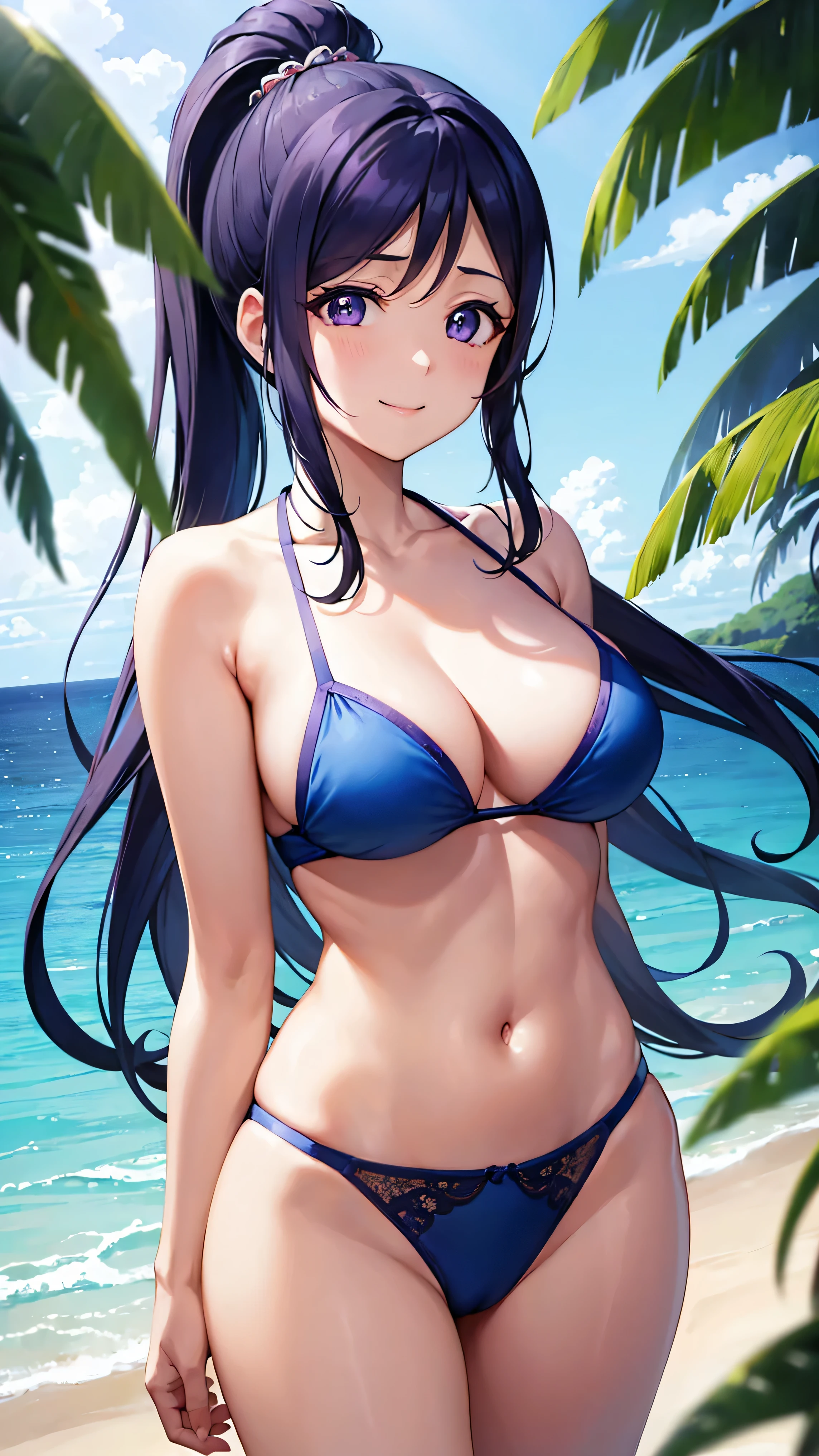 Minamimatsuura, Kanan Matsuura, Blue hair, Long hair, Ponytail, (Purple eyes:1.1), side locks, looking at the viewers, BREAK (masutepiece:1.2), Best Quality, High resolution, Unity 8k壁纸, (Illustration:0.8), (Beautiful detailed eyes:1.6), extra detailed face, Perfect Lighting, extremely details CG, (Perfect hands, Perfect Anatomy),(Blue Bikini:1.3)、(the beach:1.3), cowboy shot、A smile、solo
