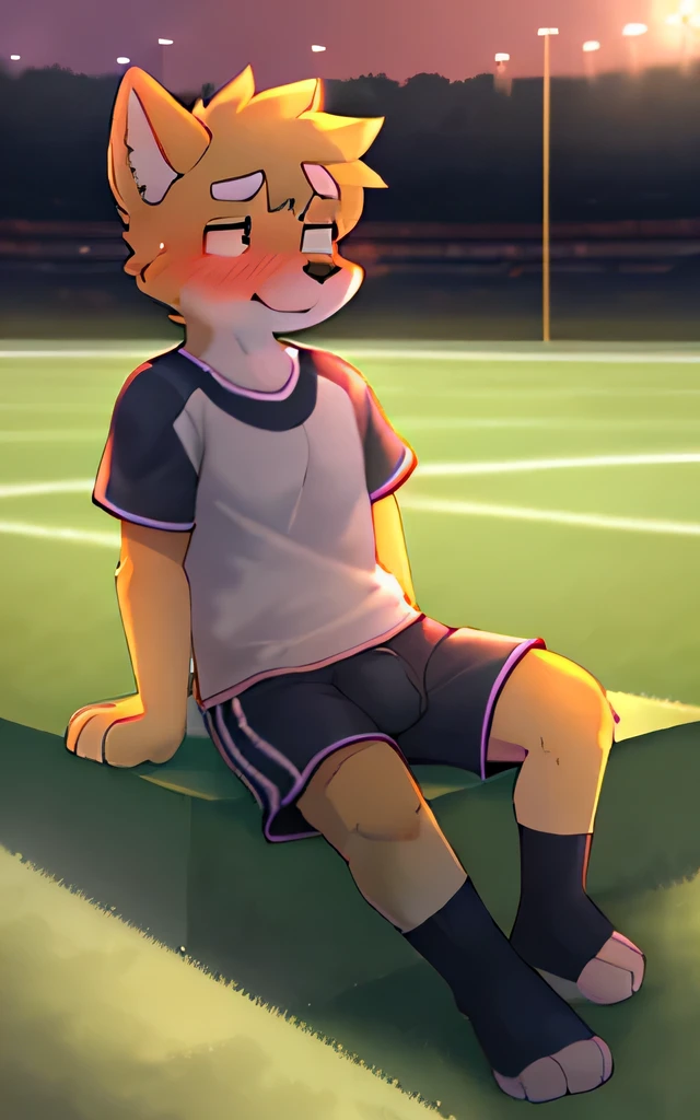 Furry fox, Nike, shiny satin basketball shorts, erection under clothing, shy, precum leaking through shorts, akward smile