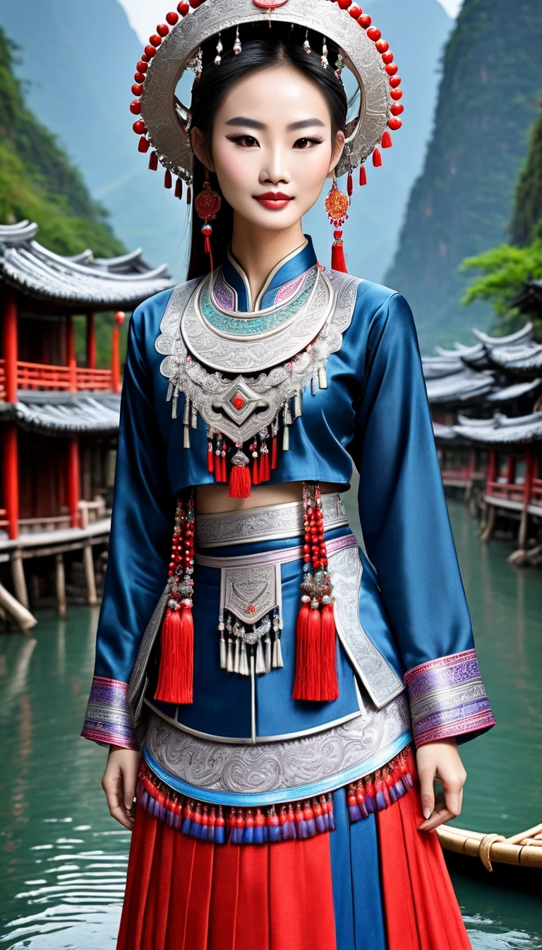(best quality,8K,masterpiece:1.2),landscape background,Lijiang River mist and rain,Beautiful karst landforms,Astonishing,Inspired by the myths and legends of Guilin, China:Liu Sanjie,Gorgeous Chinese girl,Queen,Detailed skin details,Bright Eyes,Gorgeous eyelashes,barefoot,Stand on a bamboo raft,Dance alone,looking at the audience,minority:1.5,Silver jewelry:1.2,silver hat crown:1.5,silver tassel:1.37,silver necklace,Silver texture,brilho prata,Upper body,long sleeve,dark ethnic wear,long skirt:1.2,waist,Black and red linen fabric details,Characteristics of Miao costumes,totem)