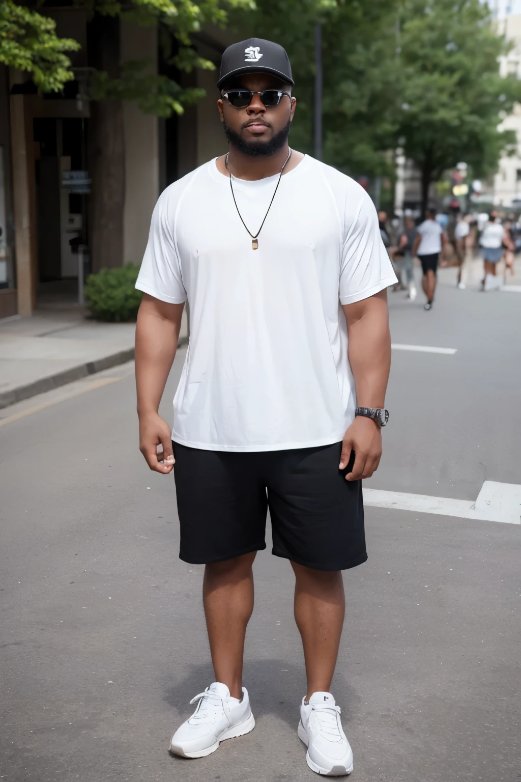 american man,300kg,200cm,Trendy,Pure white loose T-shirt,Front,Full body image,Black person,black hair,short hair,Wear sunglasses,shorts, white sneakers, street photography background,Pockets for both hands,alone,Wear a hat,With ring,With necklace