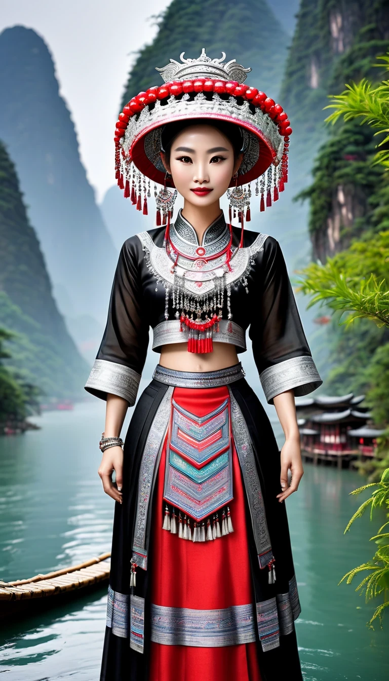 (best quality,8K,masterpiece:1.2),landscape background，Lijiang River mist and rain，Beautiful karst landforms，Astonishing,Inspired by the myths and legends of Guilin, China:Liu Sanjie，Gorgeous Chinese girl,Queen,Detailed skin details,Bright Eyes,Gorgeous eyelashes,barefoot,Stand on a bamboo raft,Dance alone,looking at the audience,minority:1.5,Silver jewelry:1.2,silver hat crown:1.5,silver tassel:1.37,silver necklace,Silver texture,brilho prata,Upper body,long sleeve,dark ethnic wear,long skirt:1.2,waist,Black and red linen fabric details,Characteristics of Miao costumes,totem)