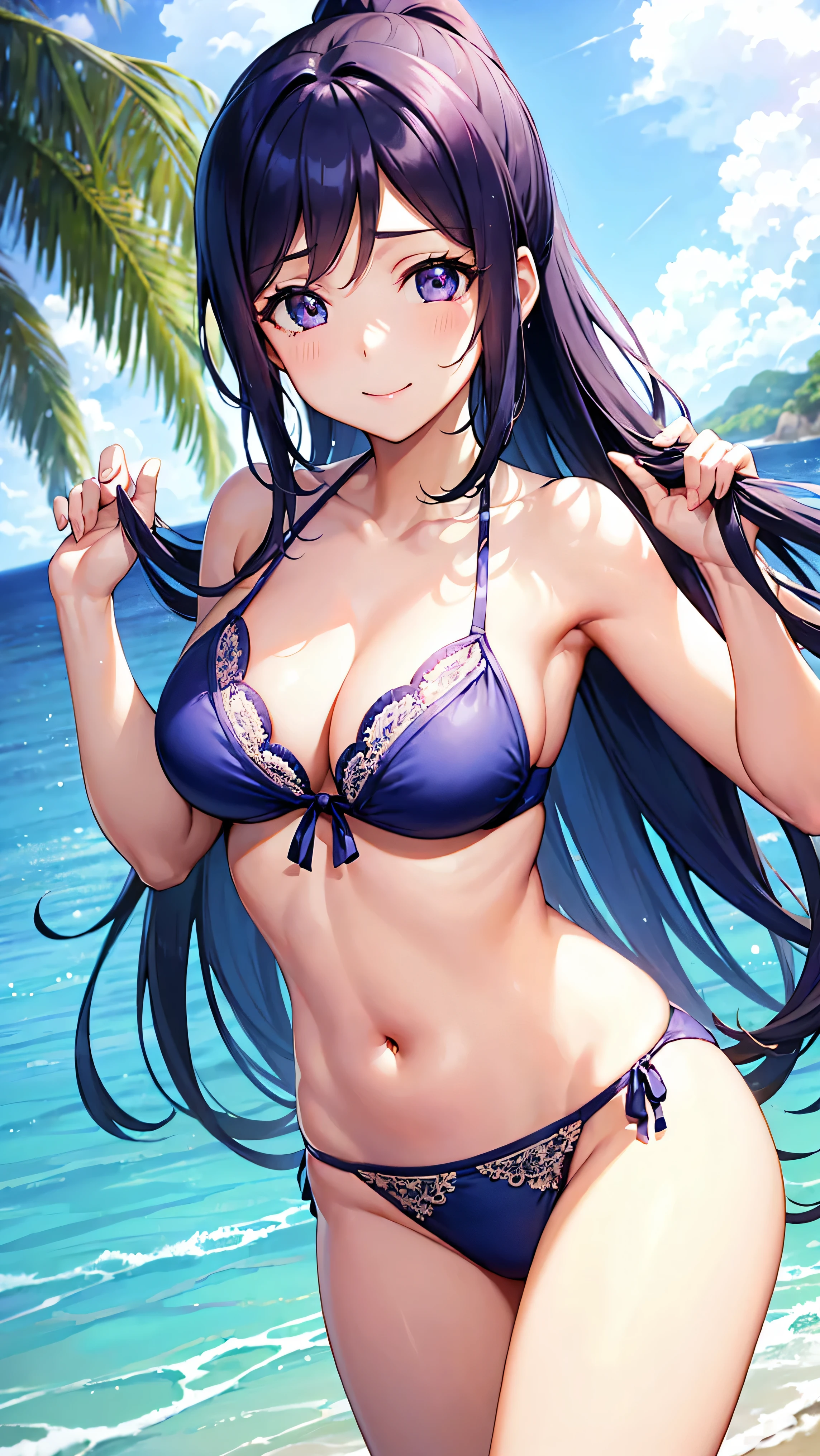 Minamimatsuura, Kanan Matsuura, Blue hair, Long hair, Ponytail, (Purple eyes:1.1), side locks, looking at the viewers, BREAK (masutepiece:1.2), Best Quality, High resolution, Unity 8k壁纸, (Illustration:0.8), (Beautiful detailed eyes:1.6), extra detailed face, Perfect Lighting, extremely details CG, (Perfect hands, Perfect Anatomy),(Blue Bikini:1.3)、(the beach:1.3), cowboy shot、A smile、solo