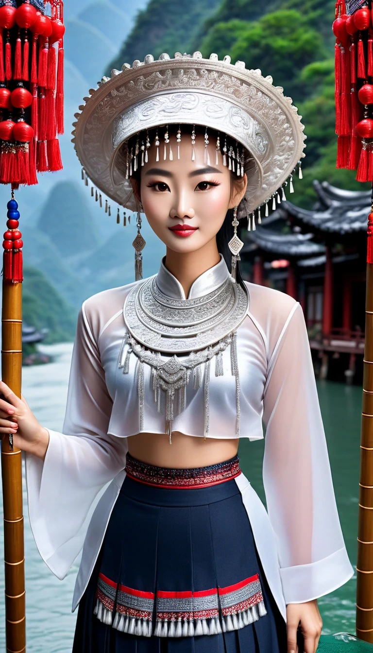(best quality,8K,masterpiece:1.2),landscape background，Lijiang River mist and rain，Beautiful karst landforms，Astonishing,Inspired by the myths and legends of Guilin, China:Liu Sanjie，Gorgeous Chinese girl,Queen,Detailed skin details,Bright Eyes,Gorgeous eyelashes,barefoot,Stand on a bamboo raft,Dance alone,looking at the audience,minority:1.5,Silver jewelry:1.2,silver hat crown:1.5,silver tassel:1.37,silver necklace,Silver texture,brilho prata,Upper body,long sleeve,dark ethnic wear,long skirt:1.2,waist,Black and red linen fabric details,Characteristics of Miao costumes,totem)