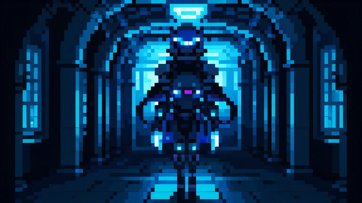 best quality, 8k, highly detailed, ultra-detailed, highly-detailed shading, pixel art style, concept art, by Paul Kelpe, 2d game model, pixel perfect, ominous atmosphere, horror, scifi, large silver tentacle robot, 4 blue tentacles that stand by the robot's side, the blue tentacles are connected to the robot's back, the tentacles are long and robotic, the robot has tentacle for arms, bright blue eyes, inside a dark hallway in a labyrinth, the labyrinth is black and grey, robot is huge and barely fits in the hallways, blue eye is staring into the camera, blue eye is the only lighting in the picture, camera panned on the center of the hallway