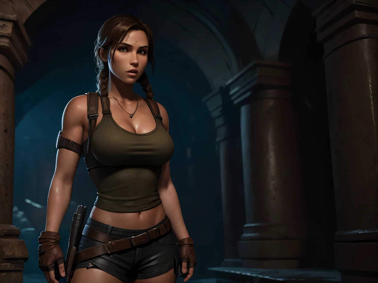 lara croft ,tomb raider ,3d ,backpack ,boots ,braid ,brown eyes ,brown hair ,busty ,female ,female focus ,female only ,fingerless gloves ,hourglass figure ,long hair ,pinup ,pinup pose ,wide 