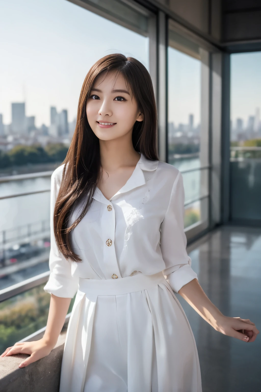 Portrait photo of a beautiful Japanese female college student,
(Raw photo 1.2), (Graphic 1.4), (Masterpiece 1.3), Near Shot, (Highest quality 1.4), dream-like,
(beautiful detailed girl, very detailed eyes and face, beautifully detailed nose, beautiful and detailed eyes), 
(detailed facial features), (Detailed clothing characteristics),
Perfect for your skin, (shiny skin), (slender girl), 1 girl, ((detailed body)), (beautiful body),
(Wearing a white light spring outfit 1.3),
(1 standing facing the city skyline.3), cinematic lighting, dawn,
perfect anatomy, slender body, smile,
Camera-wide perspective, I&#39;m looking forward to, (whole body 1.3),