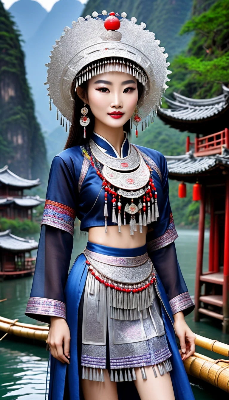 (best quality,8K,masterpiece:1.2),landscape background,Lijiang River mist and rain,Beautiful karst landforms,Astonishing,Inspired by the myths and legends of Guilin, China:Liu Sanjie,Gorgeous Chinese girl,Queen,Detailed skin details,Bright Eyes,Gorgeous eyelashes,barefoot,Stand on a bamboo raft,Dance alone,looking at the audience,minority:1.5,Silver jewelry:1.2,silver hat crown:1.5,silver tassel:1.37,silver necklace,Silver texture,brilho prata,Upper body,long sleeve,dark ethnic wear,long skirt:1.2,waist,Black and red linen fabric details,Characteristics of Miao costumes,totem)