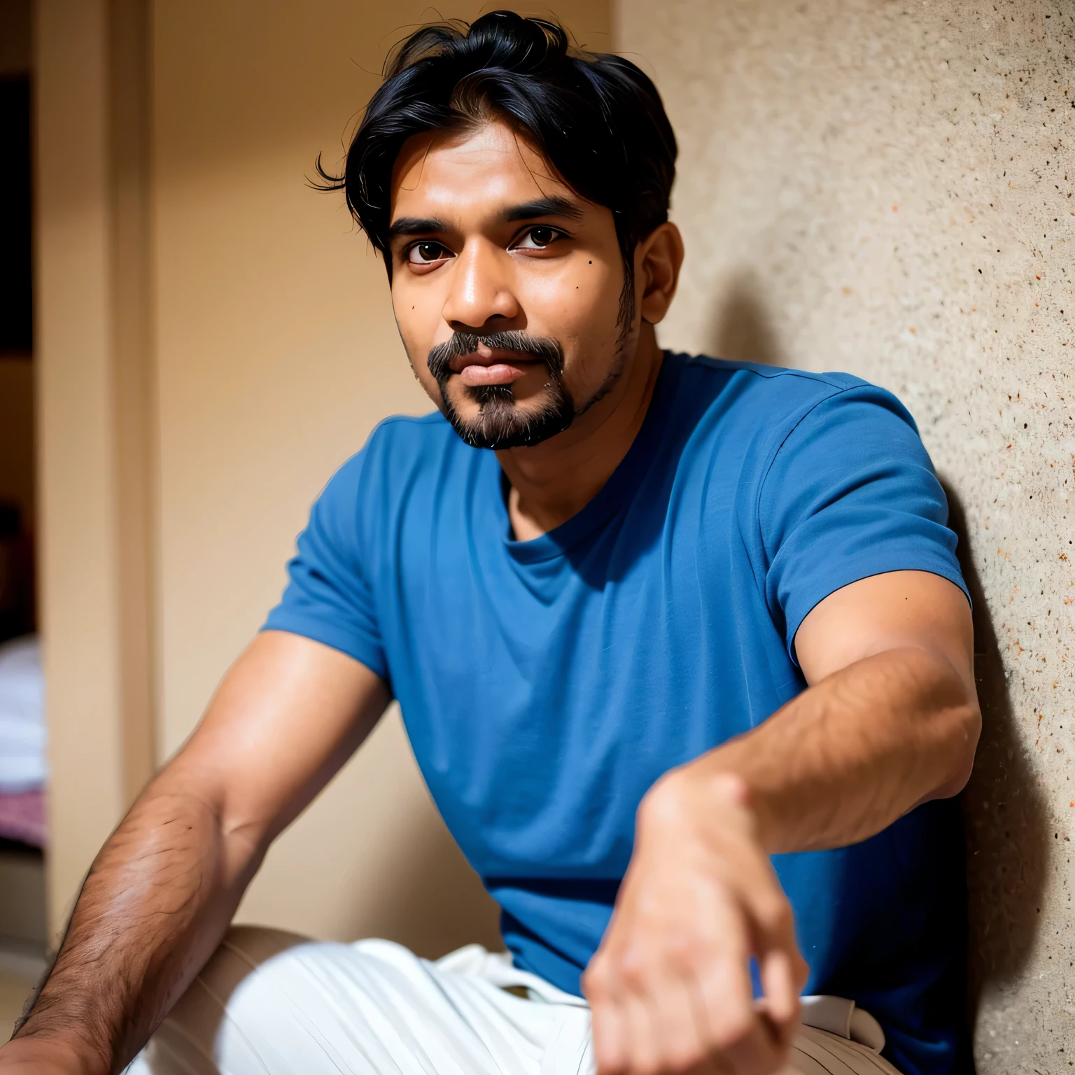 An indian man, looking at the camera, dressed in casuals, realistic
