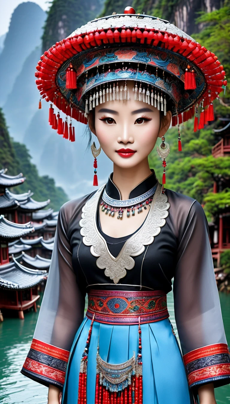 (best quality,8K,masterpiece:1.2),landscape background,Lijiang River mist and rain,Beautiful karst landforms,Astonishing,Inspired by the myths and legends of Guilin, China:Liu Sanjie,Gorgeous Chinese girl,Queen,Detailed skin details,Bright Eyes,Gorgeous eyelashes,barefoot,Stand on a bamboo raft,Dance alone,looking at the audience,minority:1.5,Silver jewelry:1.2,silver hat crown:1.5,silver tassel:1.37,silver necklace,Silver texture,brilho prata,Upper body,long sleeve,dark ethnic wear,long skirt:1.2,waist,Black and red linen fabric details,Characteristics of Miao costumes,totem)