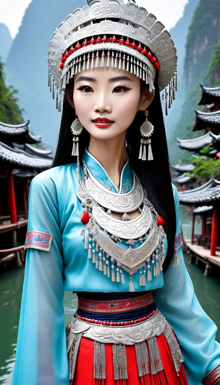 (best quality,8K,masterpiece:1.2),landscape background,Lijiang River mist and rain,Beautiful karst landforms,Astonishing,Inspired by the myths and legends of Guilin, China:Liu Sanjie,Gorgeous Chinese girl,Queen,Detailed skin details,Bright Eyes,Gorgeous eyelashes,barefoot,Stand on a bamboo raft,Dance alone,looking at the audience,minority:1.5,Silver jewelry:1.2,silver hat crown:1.5,silver tassel:1.37,silver necklace,Silver texture,brilho prata,Upper body,long sleeve,dark ethnic wear,long skirt:1.2,waist,Black and red linen fabric details,Characteristics of Miao costumes,totem)