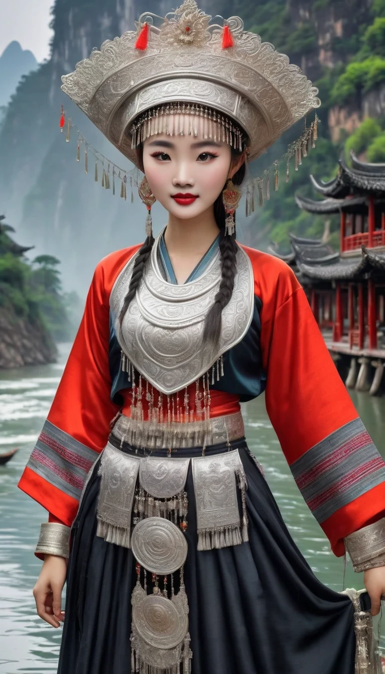 (best quality,8K,masterpiece:1.2),landscape background，Lijiang River mist and rain，Beautiful karst landforms，Astonishing,Inspired by the myths and legends of Guilin, China:Liu Sanjie，Gorgeous Chinese girl,Queen,Detailed skin details,Bright Eyes,Gorgeous eyelashes,barefoot,Stand on a bamboo raft,Dance alone,looking at the audience,minority:1.5,Silver jewelry:1.2,silver hat crown:1.5,silver tassel:1.37,silver necklace,Silver texture,brilho prata,Upper body,long sleeve,dark ethnic wear,long skirt:1.2,waist,Black and red linen fabric details,Characteristics of Miao costumes,totem)