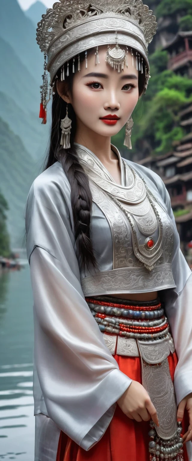 (best quality,8K,masterpiece:1.2),landscape background,Lijiang River mist and rain,Beautiful karst landforms,Astonishing,Inspired by the myths and legends of Guilin, China:Liu Sanjie,Gorgeous Chinese girl,Queen,Detailed skin details,Bright Eyes,Gorgeous eyelashes,barefoot,Stand on a bamboo raft,Dance alone,looking at the audience,minority:1.5,Silver jewelry:1.2,silver hat crown:1.5,silver tassel:1.37,silver necklace,Silver texture,brilho prata,Upper body,long sleeve,dark ethnic wear,long skirt:1.2,waist,Black and red linen fabric details,Characteristics of Miao costumes,totem)