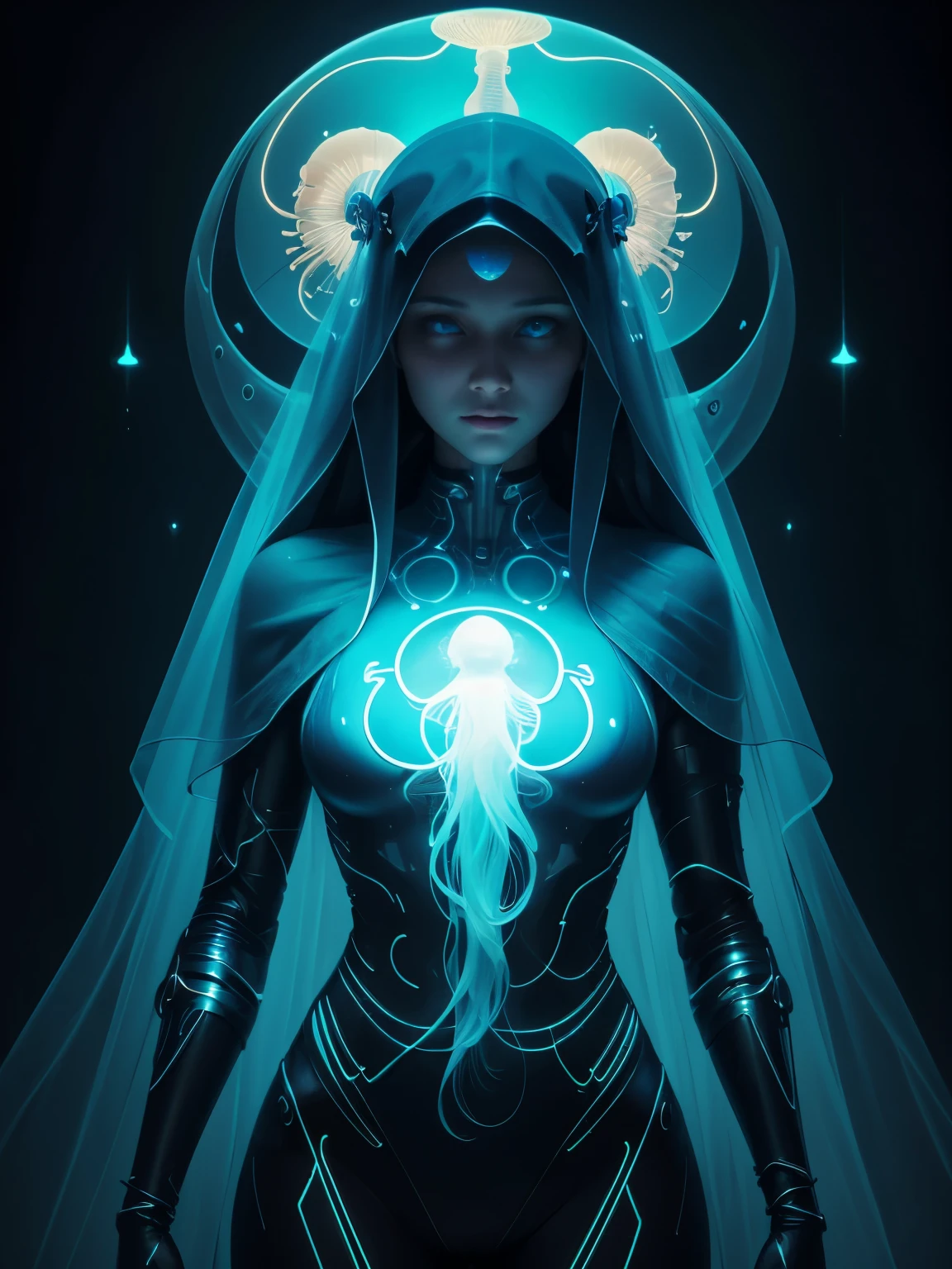 there is a woman with a veil and glowing body in a dark room, beeple and james jean, 3 d neon art of a womens body, beeple and alphonse mucha, beeple art, beeple daily art, beeple. hyperrealism, james jean and wlop, psychedelic organic cyborg, jellyfish priestess
