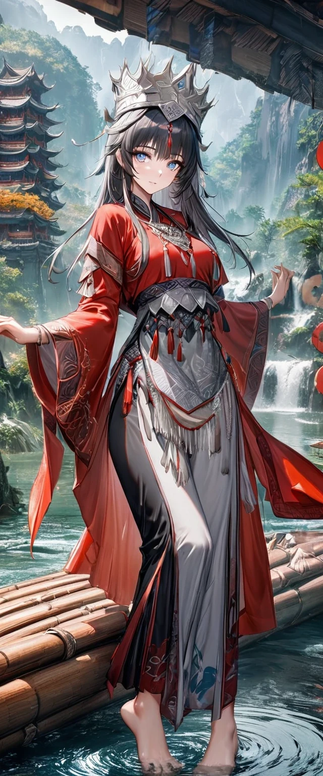 (best quality,8K,masterpiece:1.2),landscape background,Lijiang River mist and rain,Beautiful karst landforms,Astonishing,Inspired by the myths and legends of Guilin, China:Liu Sanjie,Gorgeous Chinese girl,Queen,Detailed skin details,Bright Eyes,Gorgeous eyelashes,barefoot,Stand on a bamboo raft,Dance alone,looking at the audience,minority:1.5,Silver jewelry:1.2,silver hat crown:1.5,silver tassel:1.37,silver necklace,Silver texture,brilho prata,Upper body,long sleeve,dark ethnic wear,long skirt:1.2,waist,Black and red linen fabric details,Characteristics of Miao costumes,totem)