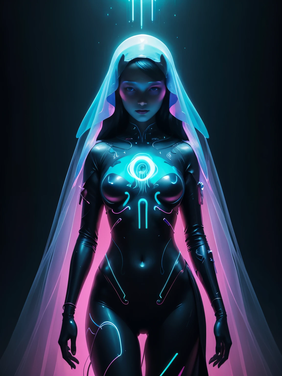 there is a woman with a veil and glowing body in a dark room, beeple and james jean, 3 d neon art of a womens body, beeple and alphonse mucha, beeple art, beeple daily art, beeple. hyperrealism, james jean and wlop, psychedelic organic cyborg, jellyfish priestess