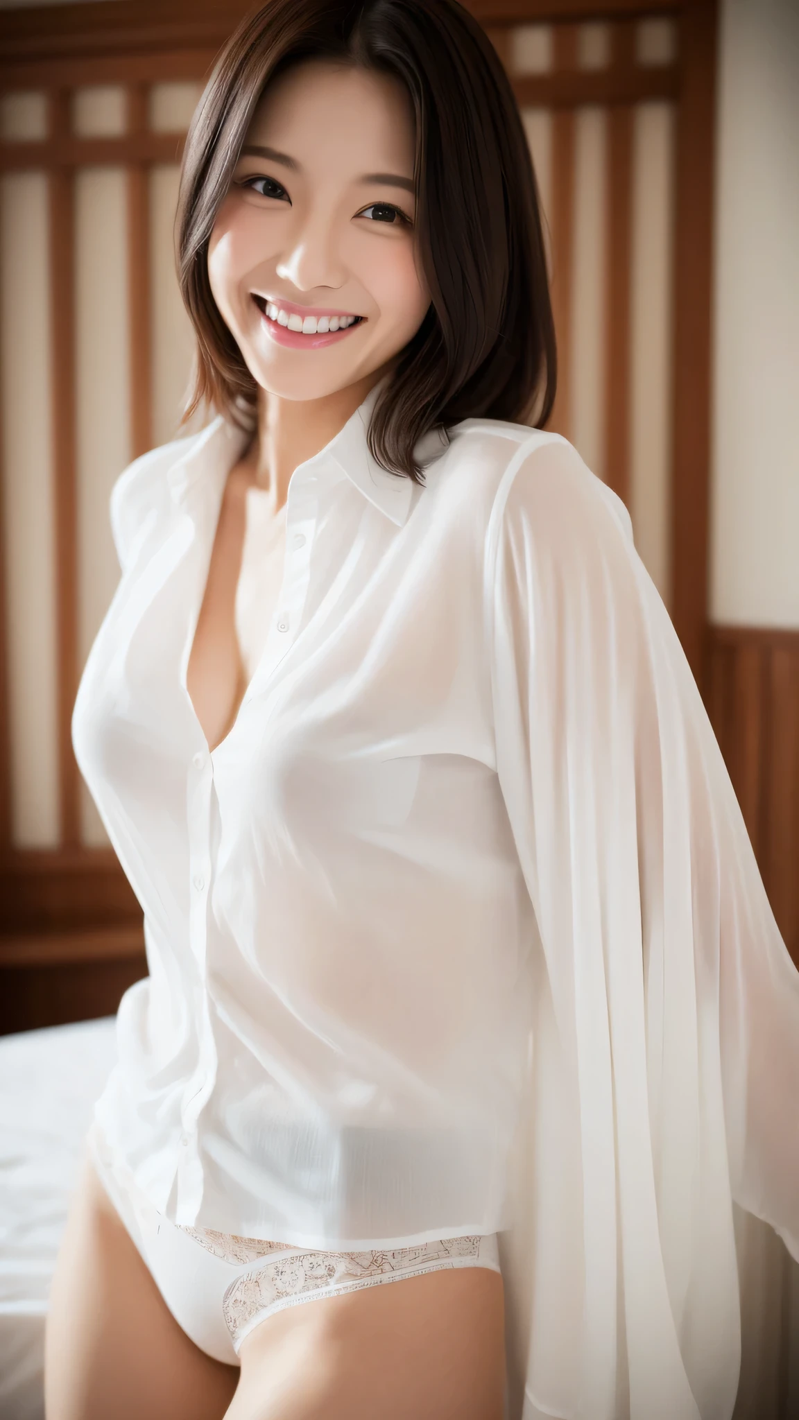 High-ranking women、grinning expression、wearing a white shirt、studio photography、inside the house、one woman、white button shirt、大きなwhite button shirt、various poses、gravure、Only sexy black panties underneath、shot from the side、