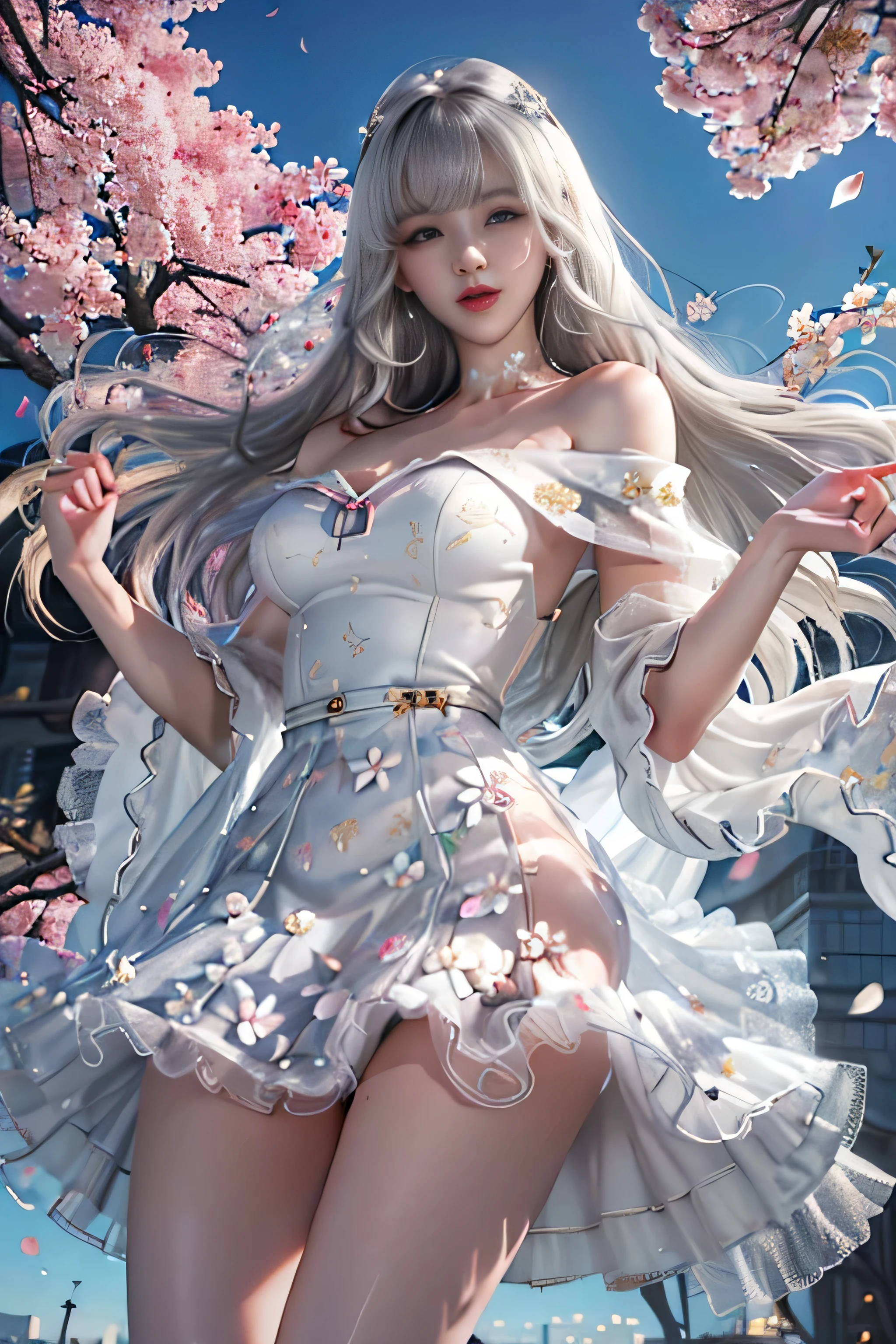 portrait、bright look、young shiny glossy white shiny skin、best looks、ultimate beautiful girl、The most beautiful platinum blonde hair in the world、shiny bright hair,、super long smooth straight hair、shine美しいbangs、shineクリスタルクリアな魅力的な青い目、very beautiful and nice cute girl、medium sized breasts、(A girl walking along a row of cherry blossom trees)、 silver hair, bangs, 鈍いbangs, long straight hair, aqua eye, long eyelashes, Solid Circle Eye, compensate, open your mouth, blush, parted lips, bright pupils, smiley, enchanting smile, shine, modern、black pantyhose、high heels４、（(pure white dress、floral dress、、off shoulder、Panty shot: 1.6)）、High-rise buildings are hazy in the windows、((my skirt flies in the wind)),((Show me your white lace panties)),((Raise the hem of the skirt with your hands)),(リフトPanty shot),(Petals are waiting)