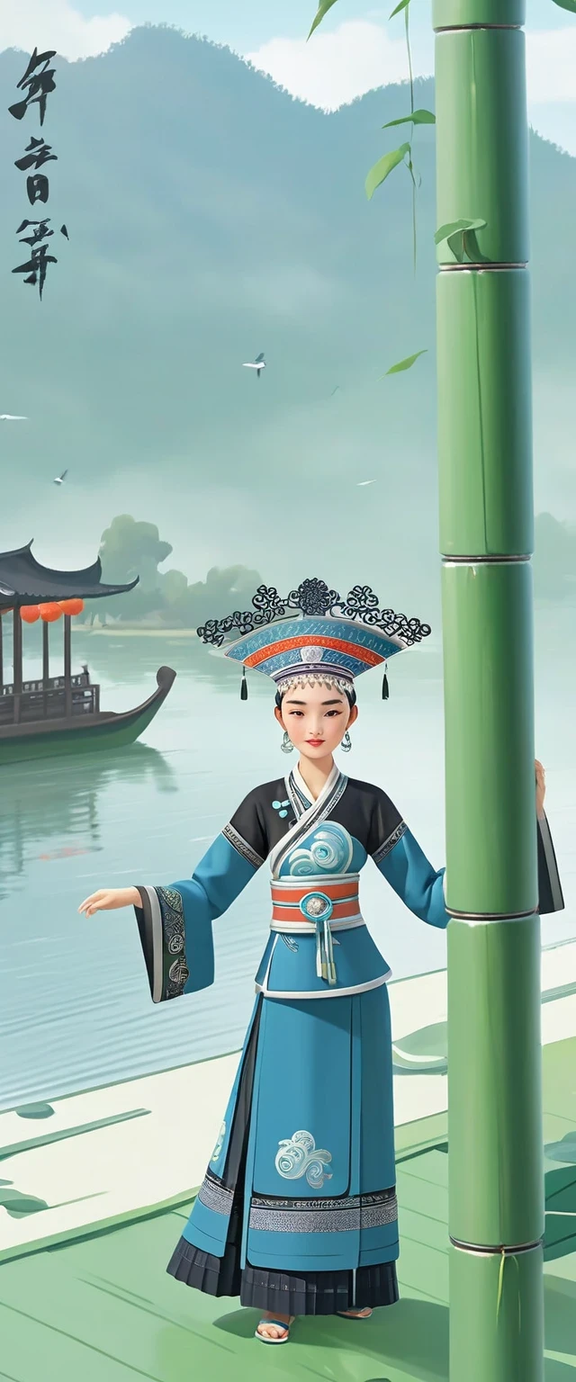 (best quality,8K,masterpiece:1.2),landscape background,Lijiang River mist and rain,Beautiful karst landforms,Astonishing,Inspired by the myths and legends of Guilin, China:Liu Sanjie,Gorgeous Chinese girl,Queen,Detailed skin details,Bright Eyes,Gorgeous eyelashes,barefoot,Stand on a bamboo raft,Dance alone,looking at the audience,minority:1.5,Silver jewelry:1.2,silver hat crown:1.5,silver tassel:1.37,silver necklace,Silver texture,brilho prata,Upper body,long sleeve,dark ethnic wear,long skirt:1.2,waist,Black and red linen fabric details,Characteristics of Miao costumes,totem)