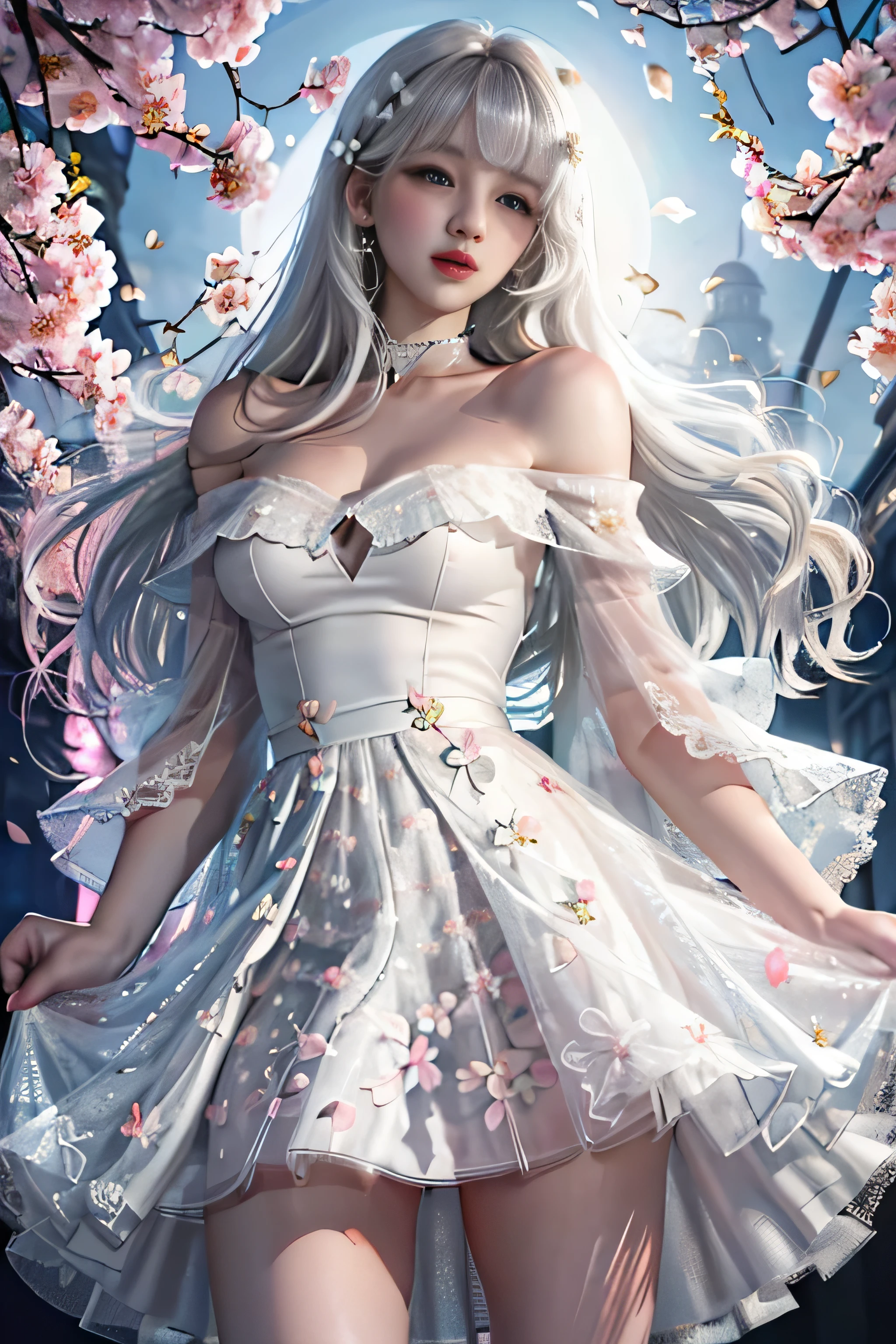 portrait、bright look、young shiny glossy white shiny skin、best looks、ultimate beautiful girl、The most beautiful platinum blonde hair in the world、shiny bright hair,、super long smooth straight hair、shine美しいbangs、shineクリスタルクリアな魅力的な青い目、very beautiful and nice cute girl、medium sized breasts、(A girl walking along a row of cherry blossom trees)、 silver hair, bangs, 鈍いbangs, long straight hair, aqua eye, long eyelashes, Solid Circle Eye, compensate, open your mouth, blush, parted lips, bright pupils, smiley, enchanting smile, shine, modern、black pantyhose、high heels4、((pure white dress、floral dress、、off shoulder、Panty shot: 1.6))、High-rise buildings are hazy in the windows、((my skirt flies in the wind)),((Show me your white lace panties)),((Raise the hem of the skirt with your hands)),(リフトPanty shot),(Petals are waiting)