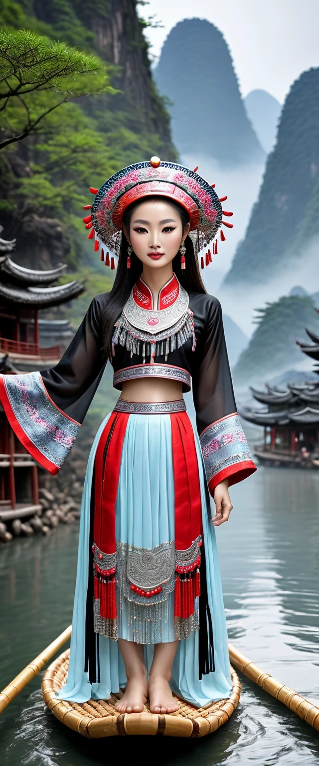 (best quality,8K,masterpiece:1.2),landscape background,Lijiang River mist and rain,Beautiful karst landforms,Astonishing,Inspired by the myths and legends of Guilin, China:Liu Sanjie,Gorgeous Chinese girl,Queen,Detailed skin details,Bright Eyes,Gorgeous eyelashes,barefoot,Stand on a bamboo raft,Dance alone,looking at the audience,minority:1.5,Silver jewelry:1.2,silver hat crown:1.5,silver tassel:1.37,silver necklace,Silver texture,brilho prata,Upper body,long sleeve,dark ethnic wear,long skirt:1.2,waist,Black and red linen fabric details,Characteristics of Miao costumes,totem)