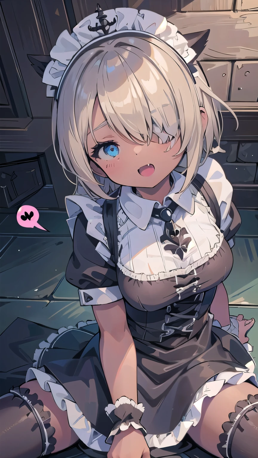 (masterpiece:1.2), (highest quality:1.2), perfect eyes, perfect face, perfect lighting, middle ages, prison, 1 boy,blonde　aqua eye, ((((((hair over one eye)))))), Braid Styles, spiked hair, blunt bangs, bob hair, a braid, Ahoge, ((((gothic maid)))), cute eyes, medium breast, glaring, open mouth, ((from above)), ((front)), arms behind back, wariza, ((spread legs)), orgasm, scared, , ahegao, smile+happy, fang, spoken heart, (((brown skin))),(((blowjob face)))