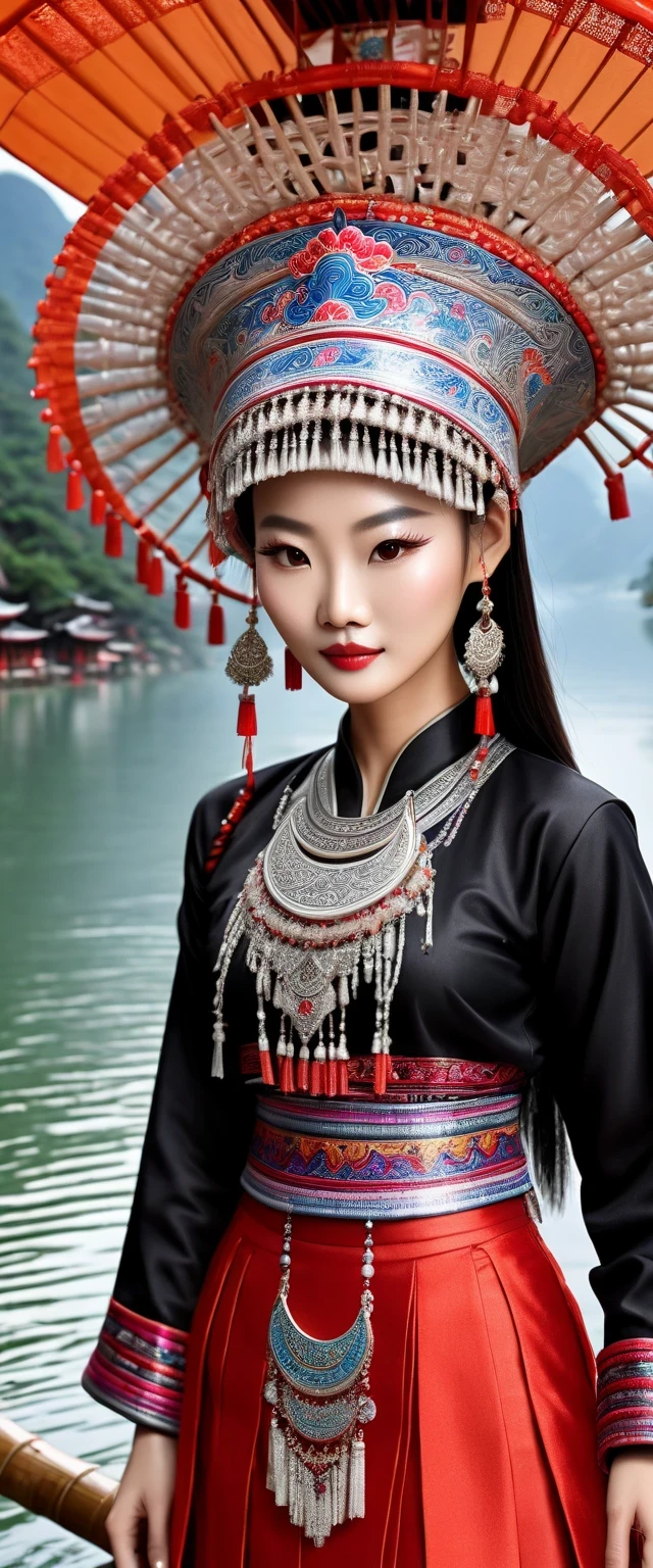 (best quality,8K,masterpiece:1.2),landscape background,Lijiang River mist and rain,Beautiful karst landforms,Astonishing,Inspired by the myths and legends of Guilin, China:Liu Sanjie,Gorgeous Chinese girl,Queen,Detailed skin details,Bright Eyes,Gorgeous eyelashes,barefoot,Stand on a bamboo raft,Dance alone,looking at the audience,minority:1.5,Silver jewelry:1.2,silver hat crown:1.5,silver tassel:1.37,silver necklace,Silver texture,brilho prata,Upper body,long sleeve,dark ethnic wear,long skirt:1.2,waist,Black and red linen fabric details,Characteristics of Miao costumes,totem)